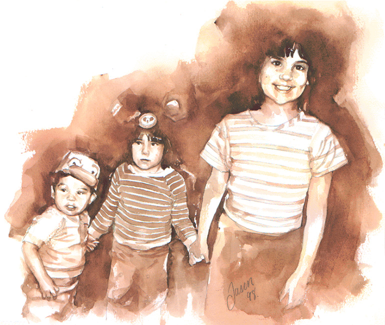 Watercolour portrait of three children