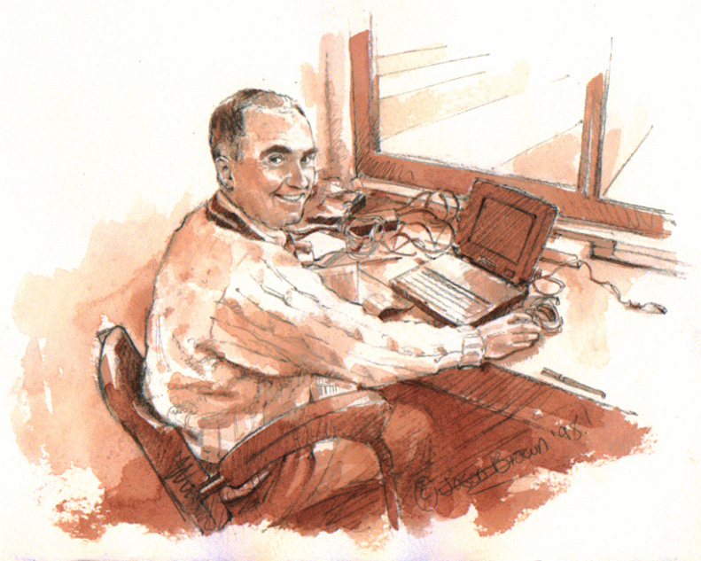 Watercolour portrait of a man sat at his desk with a laptop